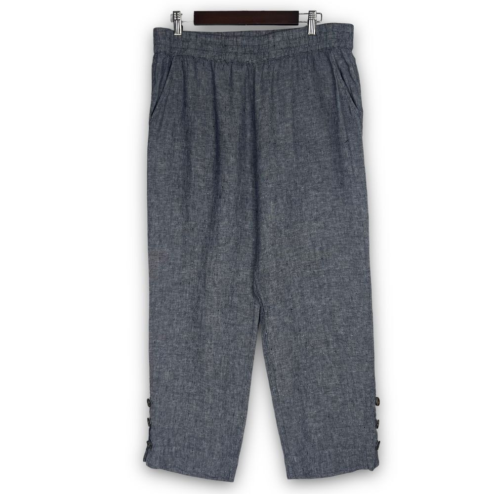 Soft Surroundings L Pants‎ Blue 100% Linen Pull On Button Hem Cropped Lagenlook